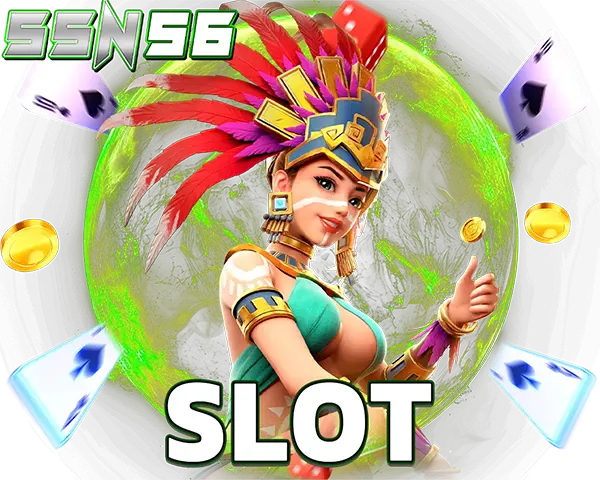 SSN56 SLOT สาวชุดพื้นเมืองยกนิ้วโป้ง ล้อมด้วยไพ่และลูกเต๋า พื้นหลังเขียว